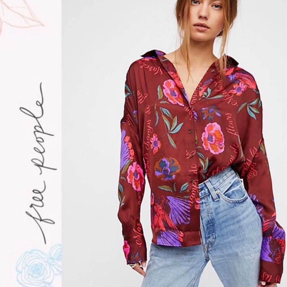 NWT- Free People Silky Nights Button Down Blouse